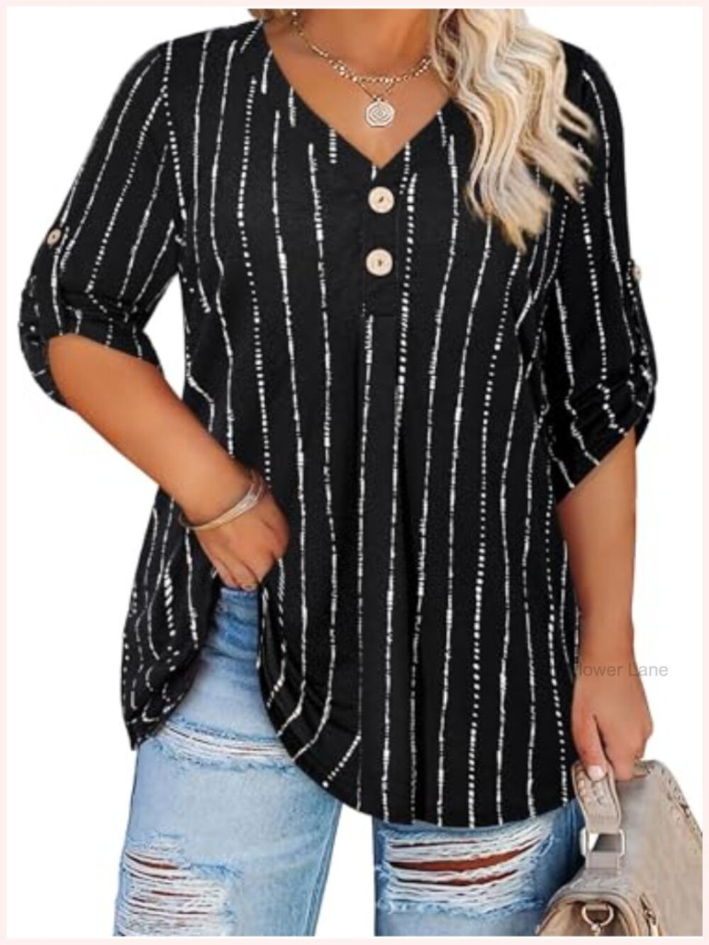 Plus Size V-Neck Tunic Blouse 3/4 Sleeve Stretch Casual Dressy Button Top